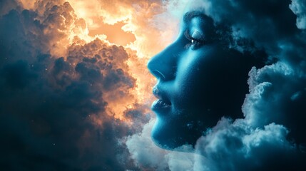 Surreal female face in clouds with golden and blue lighting