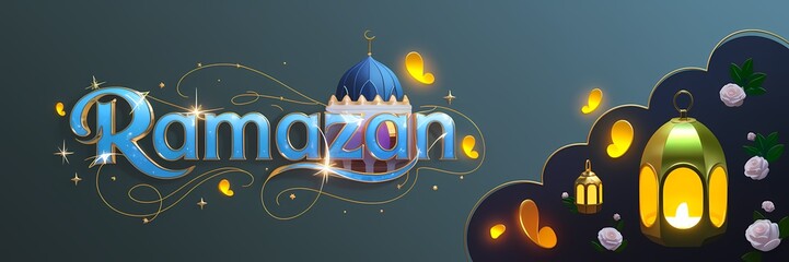 Ramazan Dark Fantasy 3D illustration Scene Featuring Glowing White Mosque with Blue Dome Golden Details Surrounded by Magical Lanterns Butterflies Roses Elegant Ramazan Text Luxurious Fantasy Setting