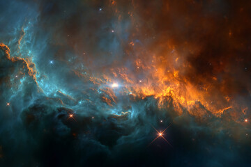 Obraz premium Cosmic nebula image, swirling teal and orange gas clouds, bright stars shine, evokes mystery, vastness, and celestial beauty, perfect for space themes