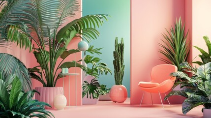 Pink and peach themed interior with plants and modern furniture