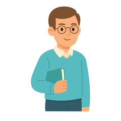 Vector cartoon male teacher holding a book. Smiling character for school education design.