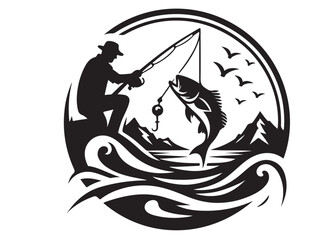 silhouette of fishing logo vector design, fishing logo icon silhouette, catching fish with man vector silhouette, fisherman logo black silhouette on white background.