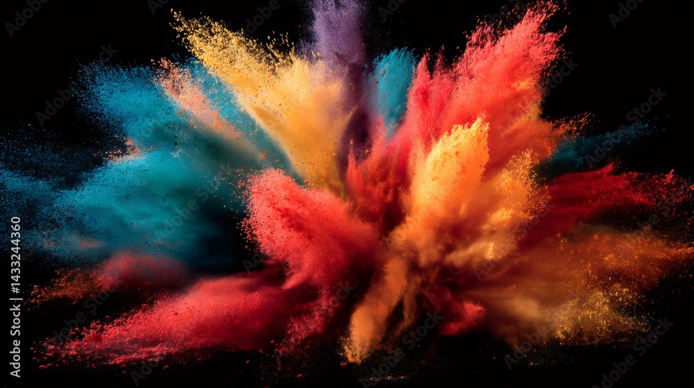 Poster Colorful powder exploding, creating a vibrant plume of colors on a black background