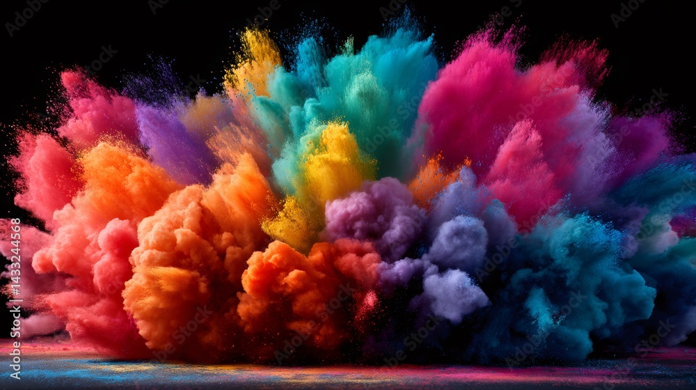 Poster Colorful powder exploding, creating a vibrant cloud of rainbow hues against black background