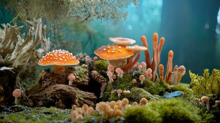 Underwater scene with colorful coral and fantasy mushrooms