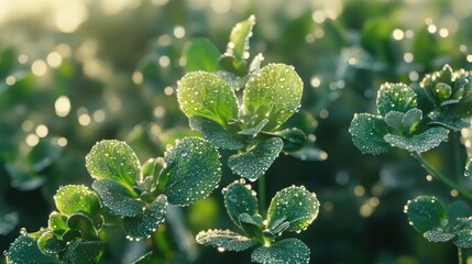 Dew kissed leaves in sunlight