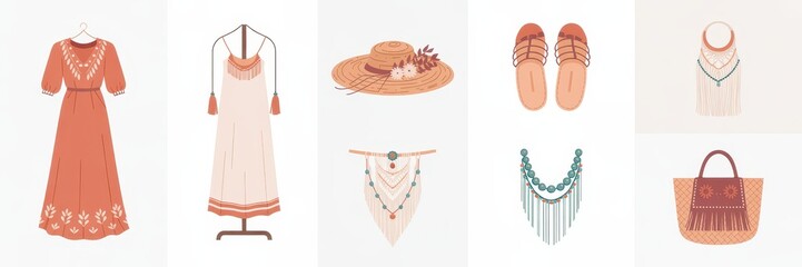 Assorted bohemian style clothing and accessories.