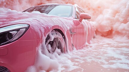 luxury car in soap suds at a car wash without people 