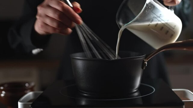 Female chef preparing bechamel sauce, stirring in bowl.