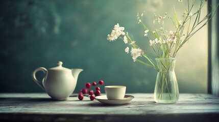Morning tea scene with flowers and soft sunlight