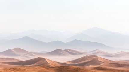 Naklejka premium A panoramic view of a desert landscape with sand dunes and mountains in the distance.