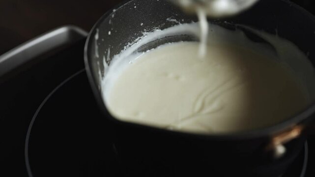 Female chef preparing bechamel sauce, stirring in bowl.