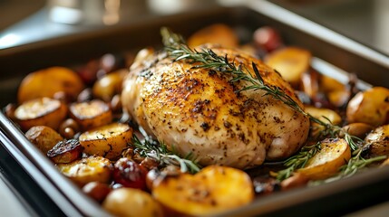 Juicy roasted chicken breast with herbs, potatoes and cranberries on dark baking sheet, close up view of homemade dinner preparation.