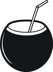 Simple Black and White Illustration of Coconut Drink with Straw
