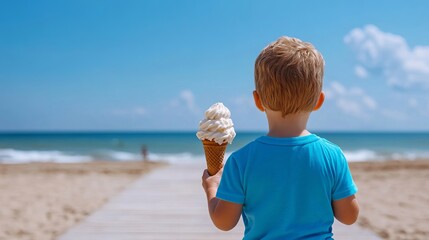 Elegant Kid running on boardwalk with melting ice cream cone joyful mess in motion summer vacation feeling