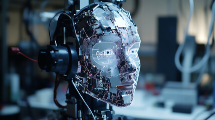 Fototapeta premium A robotic arm in an AI powered lab, assembling AI-driven facial recognition systems for security applications, Security-tech style