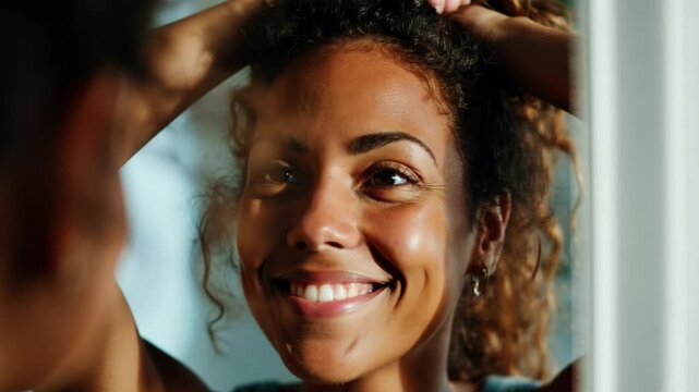 Woman looks at herself in the mirror while holding her hair and smiling. 4K.
