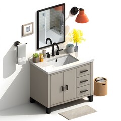 A stylish bathroom vanity with a sink, mirror, and decorative elements provides a functional and aesthetically pleasing space for personal care routines.