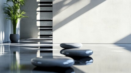 Zen inspired modern room with stones and plant casting long shadow in bright minimal space