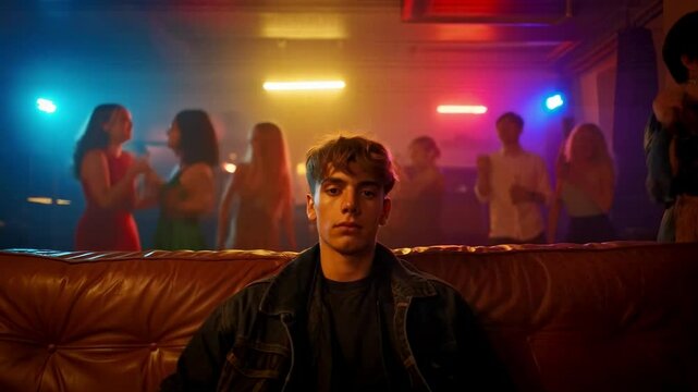 Crowded Party with One guy Sitting Alone: Social Anxiety and Feeling Invisible Concept