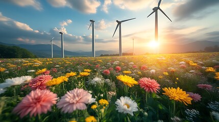 Wind Turbines Sunrise Floral Field