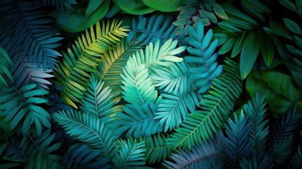 Fototapeta premium Lush green foliage with various tropical leaves creating a vibrant, textured background
