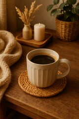 Cozy coffee cup on woven coaster with candle and plant decor on wooden table