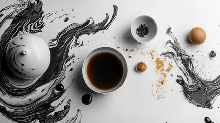 Black and white coffee concept with swirling ink and scattered beans in artistic visual layout