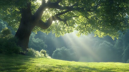 Mystical morning sunbeams pierce through green tree branches onto dewy grass meadow creating ethereal atmosphere in tranquil forest landscape at sunrise.