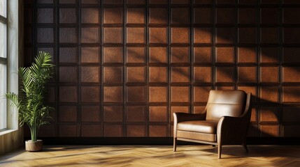 Fototapeta premium Empty modern room with dark wooden panel walls and single chair in natural architectural lighting