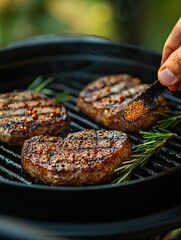 Delicious grilled meat, juicy steaks, and cheerful outdoor meals with friends captured in sunny