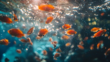 Underwater photo of orange fish in sunlit bubbles with dreamy motion and clear lighting