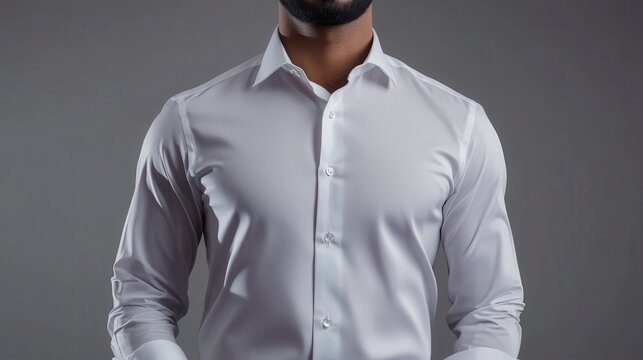 Man wearing a fitted white dress shirt posing confidently against a plain backdrop