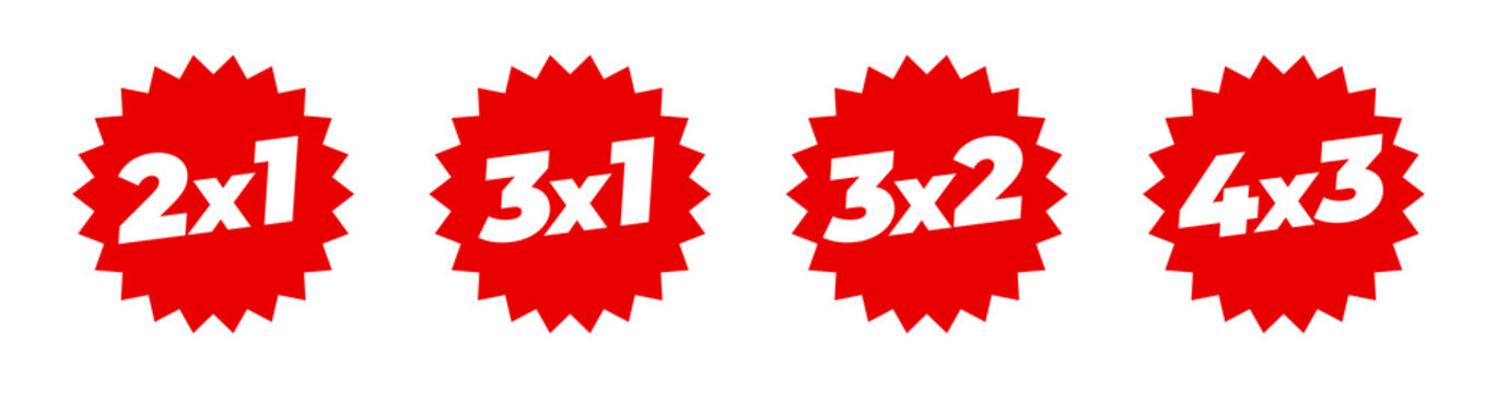 Red starburst labels 2x1, 3x1, 3x2, 4x3 over white background. Special offer striking tag. Sticker for shopping advertising. Vector Commercial tag for store and digital market.