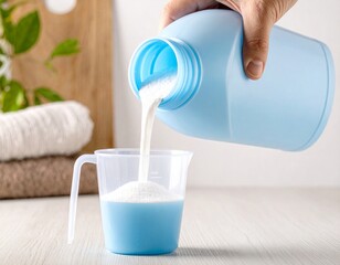 A hand pours a light blue detergent into a measuring cup, surrounded by soft towels and a touch of greenery in a bright, clean setting.