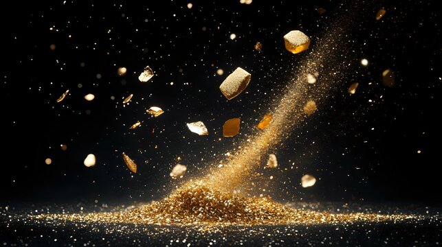 Magical golden glitter explosion with floating books against dark background, sparkling dust trail and particles creating dreamy atmosphere.