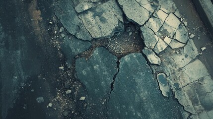 Cracked asphalt shows signs of damage, break, and wear requiring urgent construction, repair, maintenance.