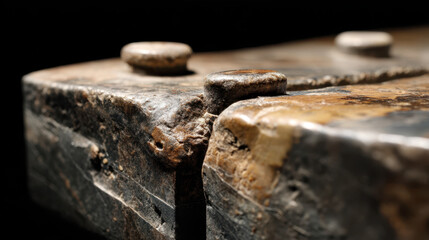 Close up of weathered hinge joint showcasing years of wear and history, highlighting its rustic charm and texture