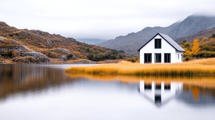 Obraz premium Tranquil lakeside cabin nestled amidst autumnal mountains