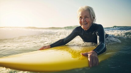 An elderly woman paddles on a vibrant yellow surfboard, embracing the waves as the sun begins to set. The ocean glimmers around her, embodying freedom and joy, proving age is no barrier to adventure
