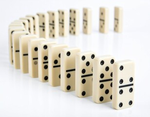 A series of white dominoes arranged in a line, set to topple over, showcasing a classic game setup.