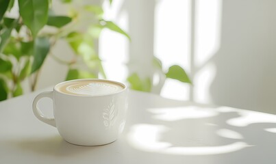 Obraz premium Latte art coffee, sunny cafe, plant backdrop