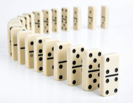 A series of white dominoes arranged in a line, set to topple over, showcasing a classic game setup.