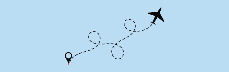 dotted route line the way airplane. Plane paths. Aircraft tracking, planes, travel, map pins, location pins. Vector illustration.
