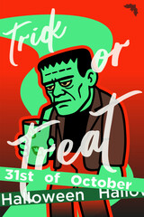Stylized Frankenstein monster on a bright Halloween poster. Full-body figure with a mojito drink and naive retro color block style in neon green and red.