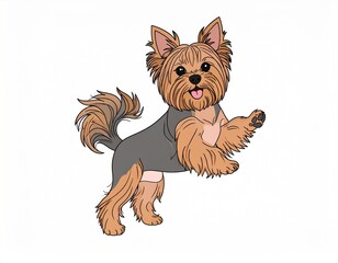 A playful illustration of a Yorkshire Terrier wearing a stylish outfit, showcasing its lively personality and distinctive fur.