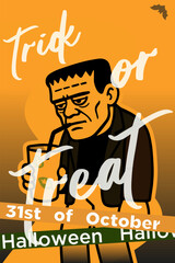 Retro-toned poster of Frankenstein's monster sipping a mojito. Muted Halloween palette with classic naive illustration style and nostalgic fall atmosphere.