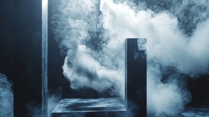 Abstract architectural scene with geometric blocks and fog in black and white minimal concept