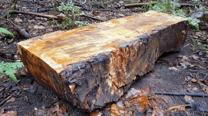 Fototapeta premium Cut log rests, showcasing woodgrain texture, rough bark, wet surface, fallen leaves, and mossy ground.