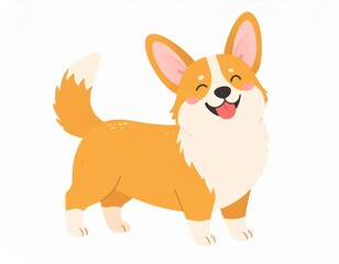 Obraz premium A cheerful cartoon corgi with a big smile and a fluffy tail, showcasing its playful personality and distinctive orange and white fur.